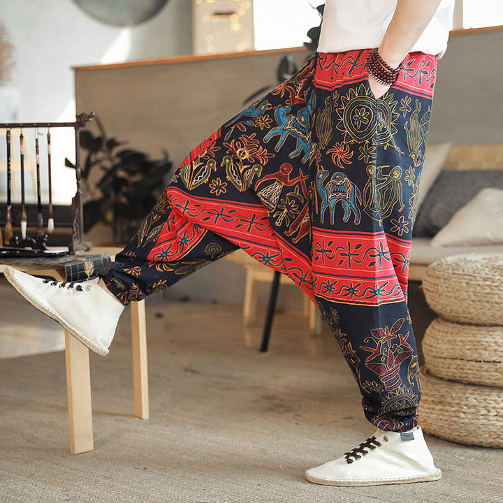 Buddha Stones Colorful Camel Figure Pattern Cotton Men's Harem Pants With Pockets - Black - US/UK/AU42,EU52 (3XL) - image 0