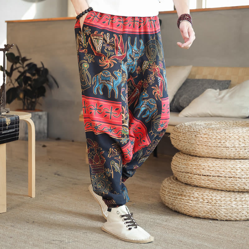 Buddha Stones Colorful Camel Figure Pattern Cotton Men's Harem Pants With Pockets - image 3