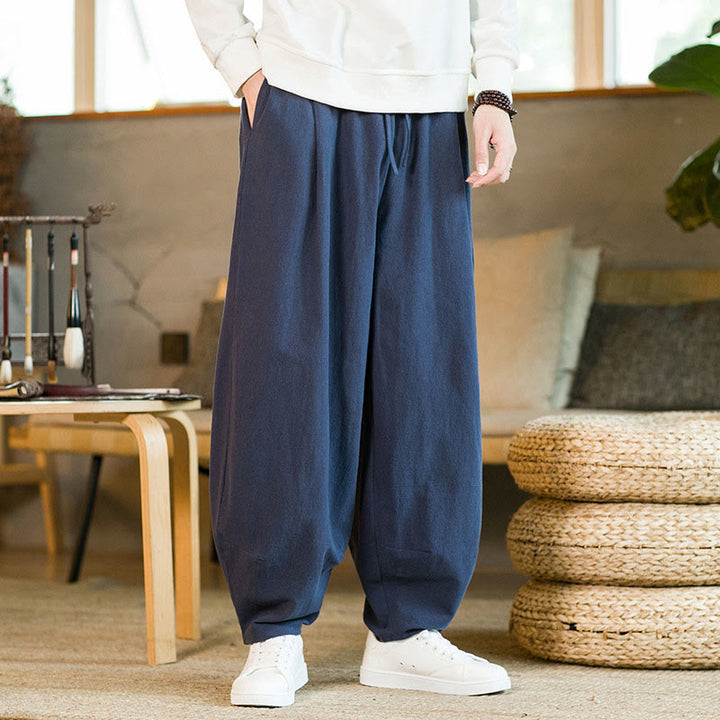 Buddha Stones Solid Color Cotton Linen Drawstring Men's Harem Pants With Pockets - DarkBlue - US/UK/AU46,EU56 (5XL) - image 0