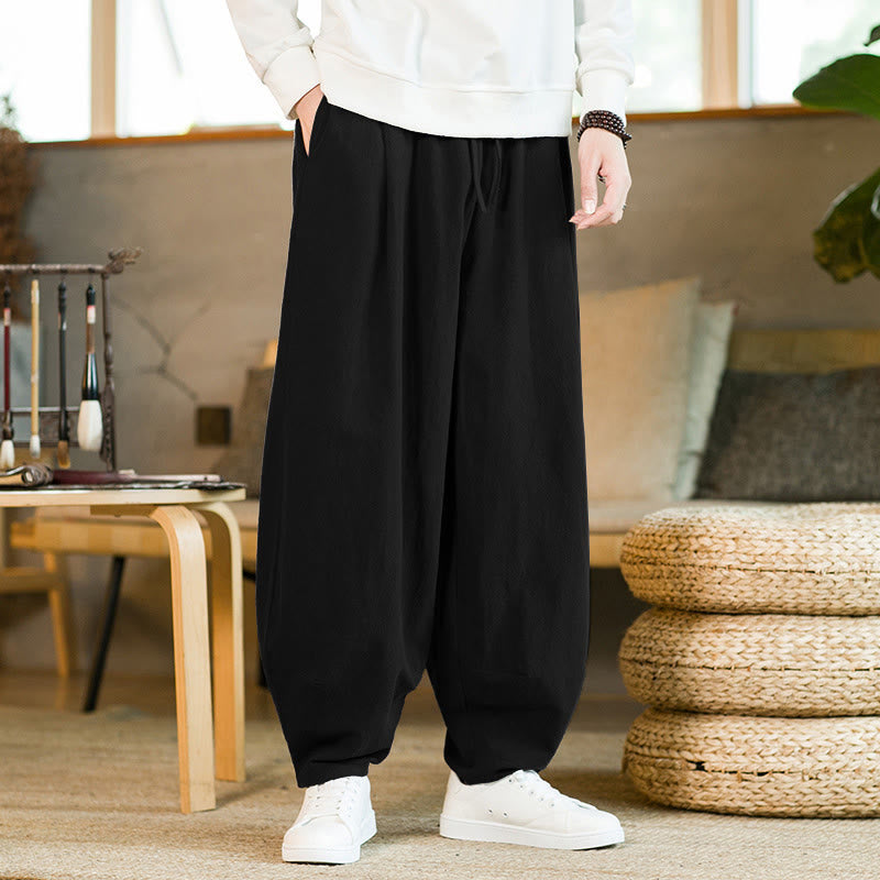 Buddha Stones Solid Color Cotton Linen Drawstring Men's Harem Pants With Pockets - Black - US/UK/AU46,EU56 (5XL) - image 11