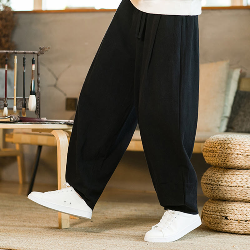 Buddha Stones Solid Color Cotton Linen Drawstring Men's Harem Pants With Pockets - image 14