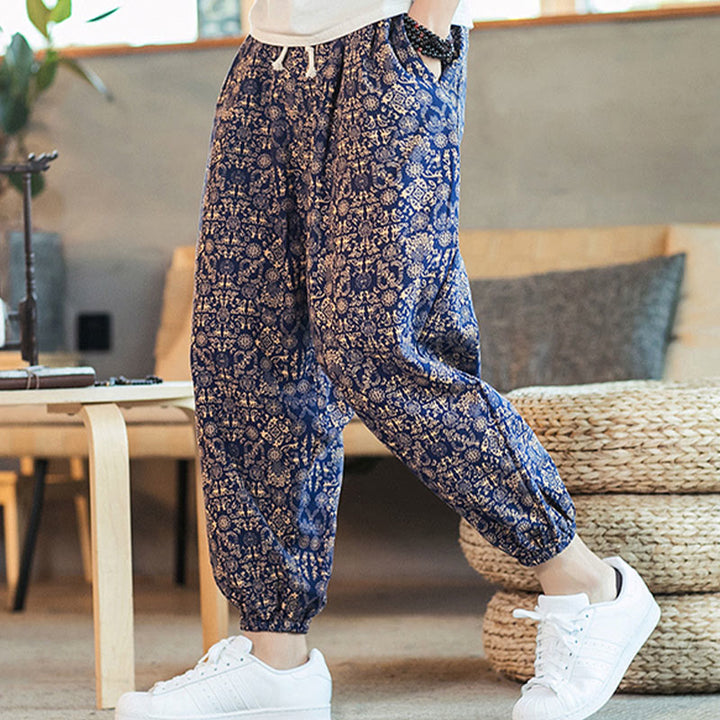Buddha Stones Golden Mandala Pattern Cotton Linen Drawstring Men's Harem Pants With Pockets - DarkBlue - US/UK/AU46,EU56 (5XL) - image 0