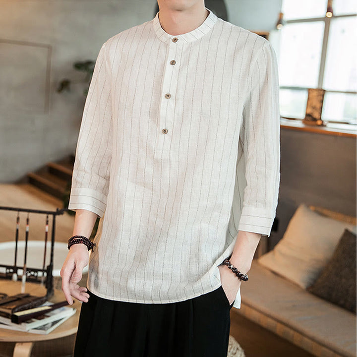 Buddha Stones Half Button Striped Three Quarter Sleeves Linen Men's Shirt - White - US/UK/AU46,EU56 (5XL) - image 12