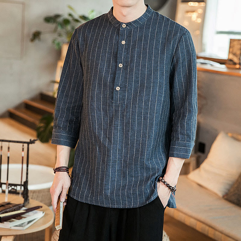 Buddha Stones Half Button Striped Three Quarter Sleeves Linen Men's Shirt - DarkBlue - US/UK/AU46,EU56 (5XL) - image 0