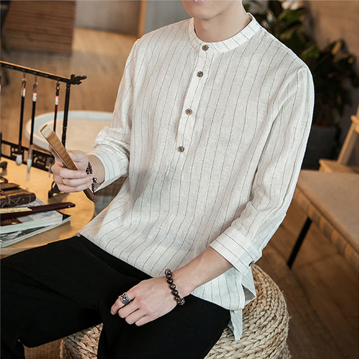 Buddha Stones Half Button Striped Three Quarter Sleeves Linen Men's Shirt - image 20