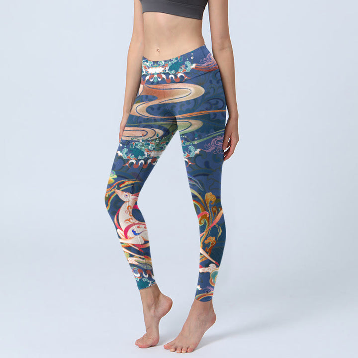 Buddha Stones Deer Auspicious Clouds Lotus Gym Leggings Women's Yoga Pants - DarkBlue - US18,UK/AU22,EU50 (4XL) - image 1