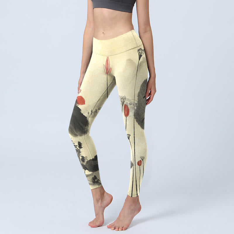 Buddha Stones Lotus Mountains House Print Gym Leggings Women's Yoga Pants - LightGoldenrodYellow - US18,UK/AU22,EU50 (4XL) - image 1