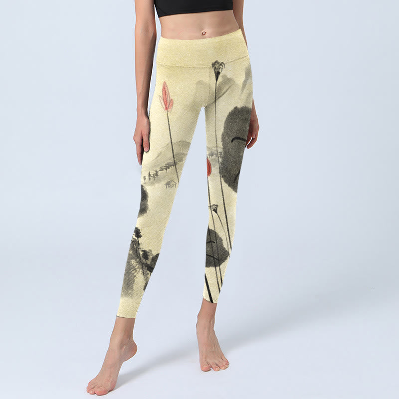 Buddha Stones Lotus Mountains House Print Gym Leggings Women's Yoga Pants - image 6