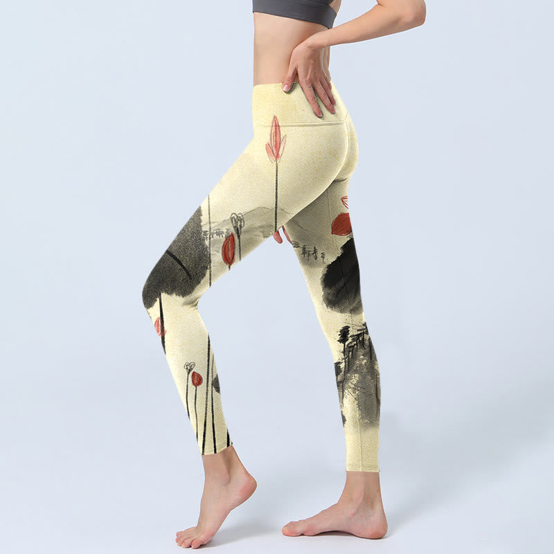 Buddha Stones Lotus Mountains House Print Gym Leggings Women's Yoga Pants - image 3
