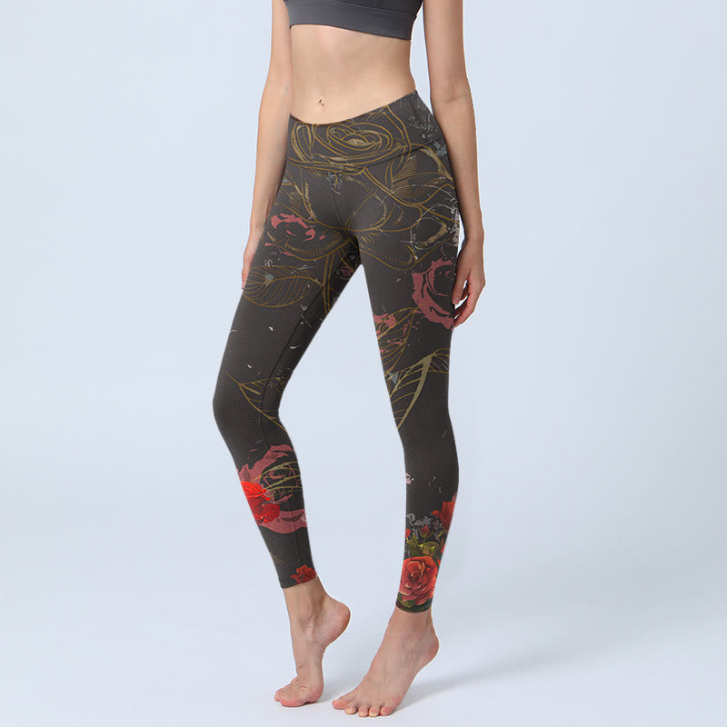 Buddha Stones Red Roses Print Gym Leggings Women's Yoga Pants - Black - US18,UK/AU22,EU50 (4XL) - image 1