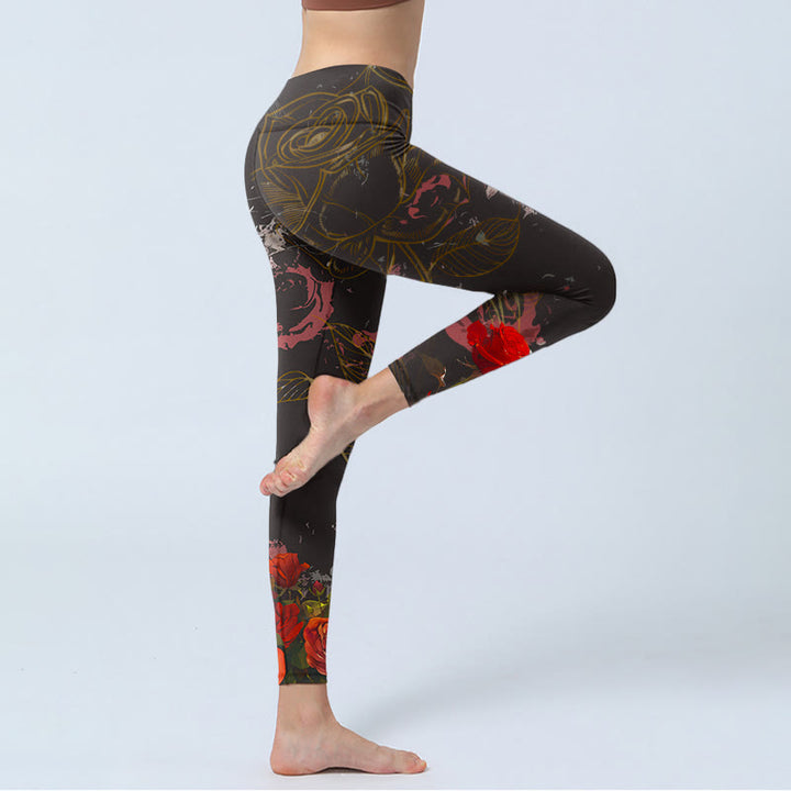Buddha Stones Red Roses Print Gym Leggings Women's Yoga Pants - image 4