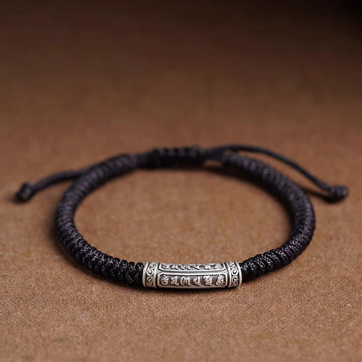 Buddha Stones Handmade 999 Sterling Silver Peace and Good Fortune Om Mani Padme Hum LuckĀ Rope Bracelet - Black(Wrist Circumference 14-20cm) - Om Mani Padme Hum - image 19