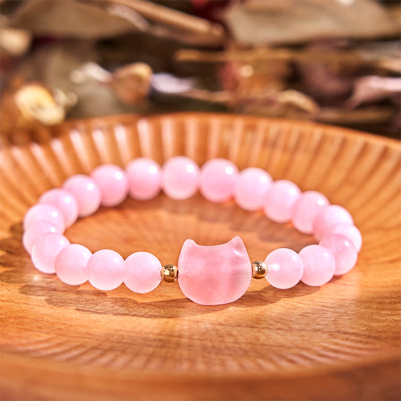 Buddha Stones Amethyst Green Aventurine Rose Quartz Fluorite Cat Head Balance Luck Bracelet - Rose Quartz(Wrist Circumference: 16-17cm) - image 12