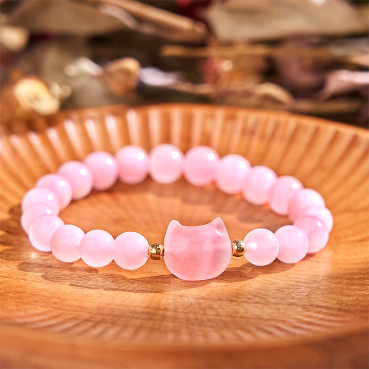 Buddha Stones Amethyst Green Aventurine Rose Quartz Fluorite Cat Head Balance Luck Bracelet - Rose Quartz(Wrist Circumference: 16-17cm) - image 12