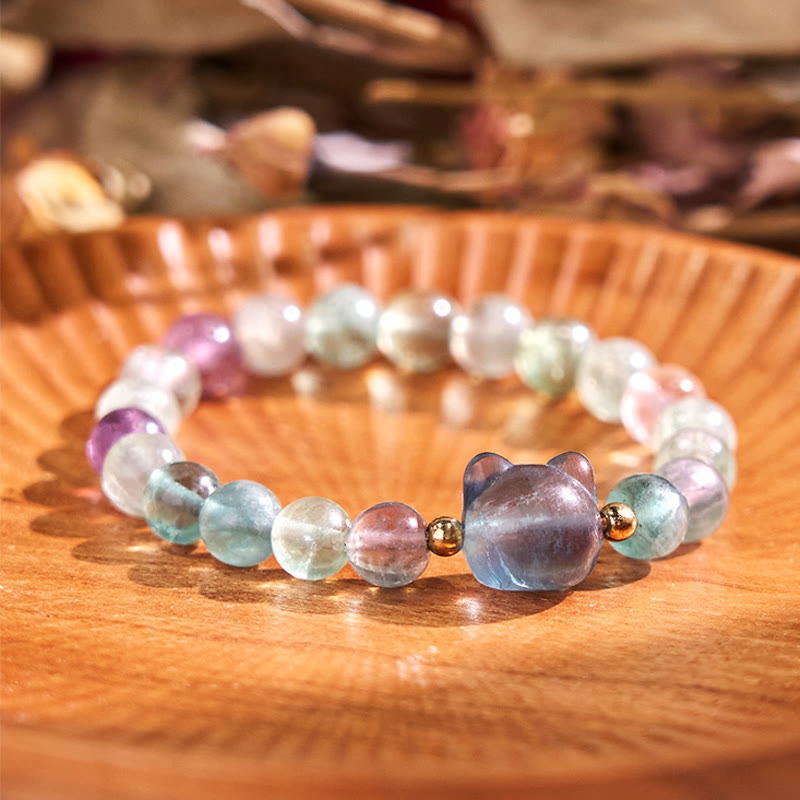 Buddha Stones Amethyst Green Aventurine Rose Quartz Fluorite Cat Head Balance Luck Bracelet - Fluorite(Wrist Circumference: 16-17cm) - image 16