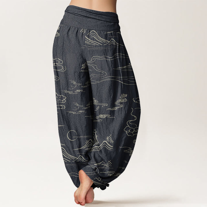 Buddha Stones Mountain Moon Auspicious Clouds Pattern Women's Elastic Waist Harem Pants - image 3