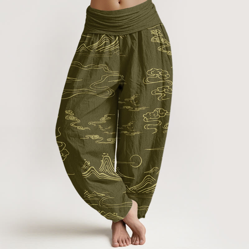 Buddha Stones Mountain Moon Auspicious Clouds Pattern Women's Elastic Waist Harem Pants - DarkKhaki - US22,UK/AU26,EU54 (6XL) - image 5
