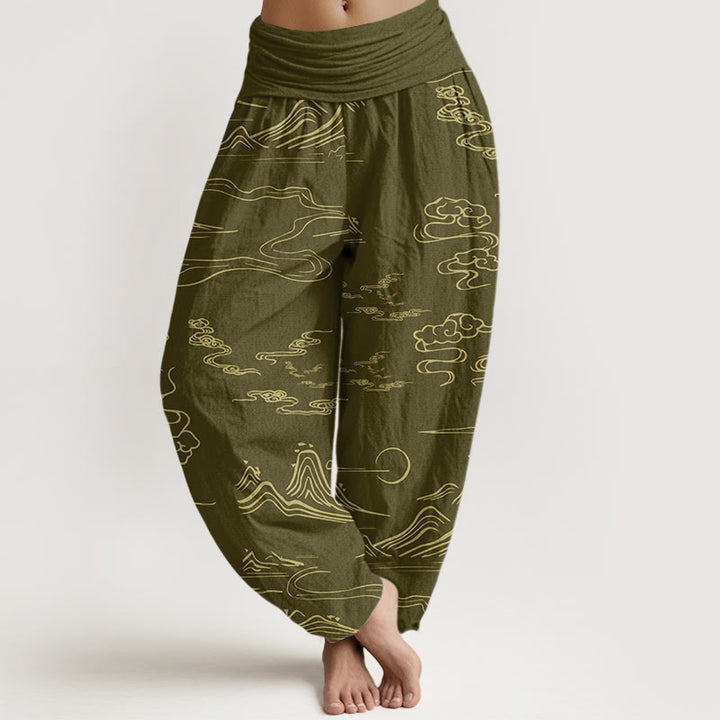 Buddha Stones Mountain Moon Auspicious Clouds Pattern Women's Elastic Waist Harem Pants - DarkKhaki - US22,UK/AU26,EU54 (6XL) - image 5