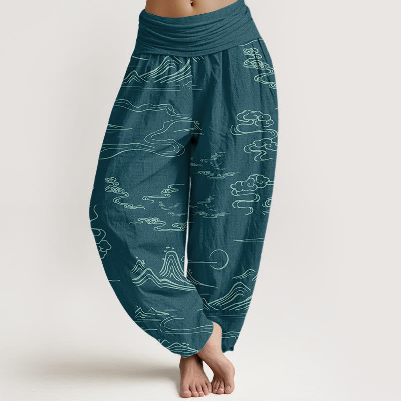 Buddha Stones Mountain Moon Auspicious Clouds Pattern Women's Elastic Waist Harem Pants - DarkCyan - US22,UK/AU26,EU54 (6XL) - image 8