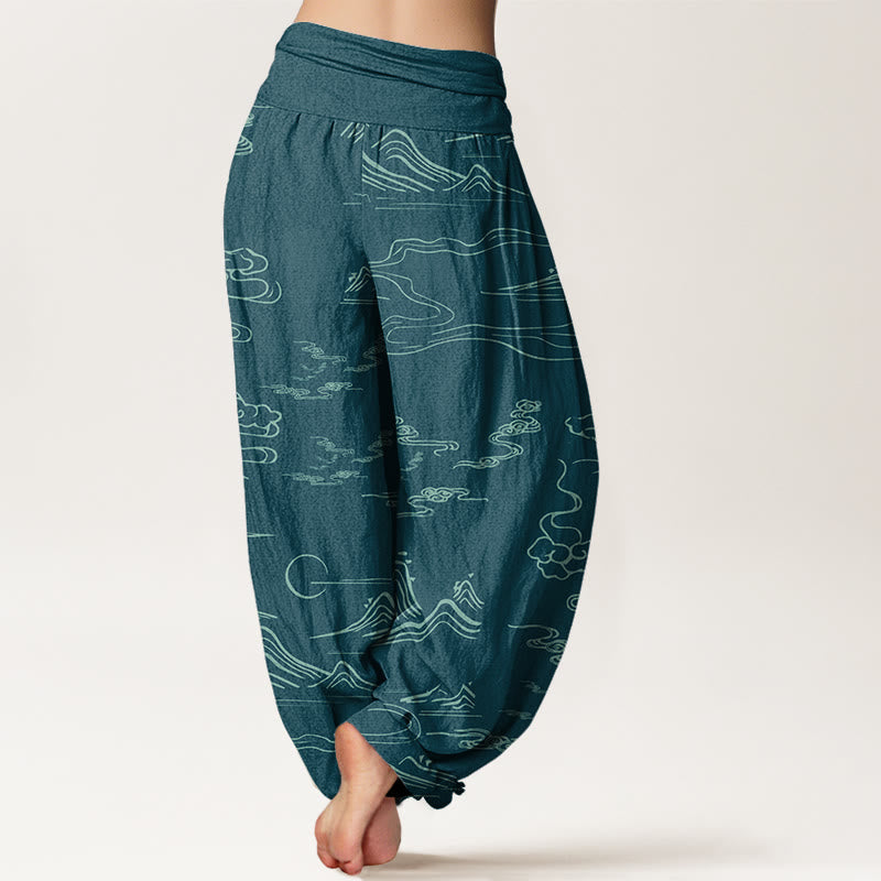 Buddha Stones Mountain Moon Auspicious Clouds Pattern Women's Elastic Waist Harem Pants - image 10