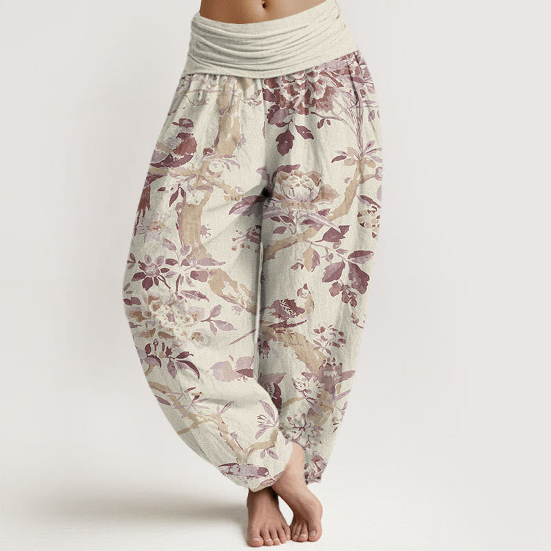 Buddha Stones Birds Branches Flowers Pattern Women's Elastic Waist Harem Pants - LightYellow - US22,UK/AU26,EU54 (6XL) - image 5