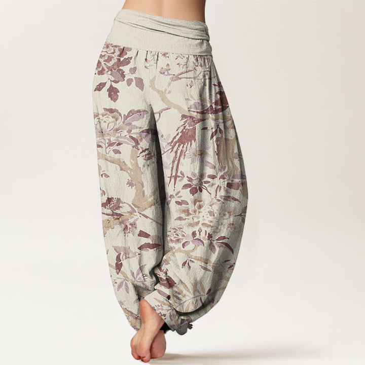Buddha Stones Birds Branches Flowers Pattern Women's Elastic Waist Harem Pants - image 6