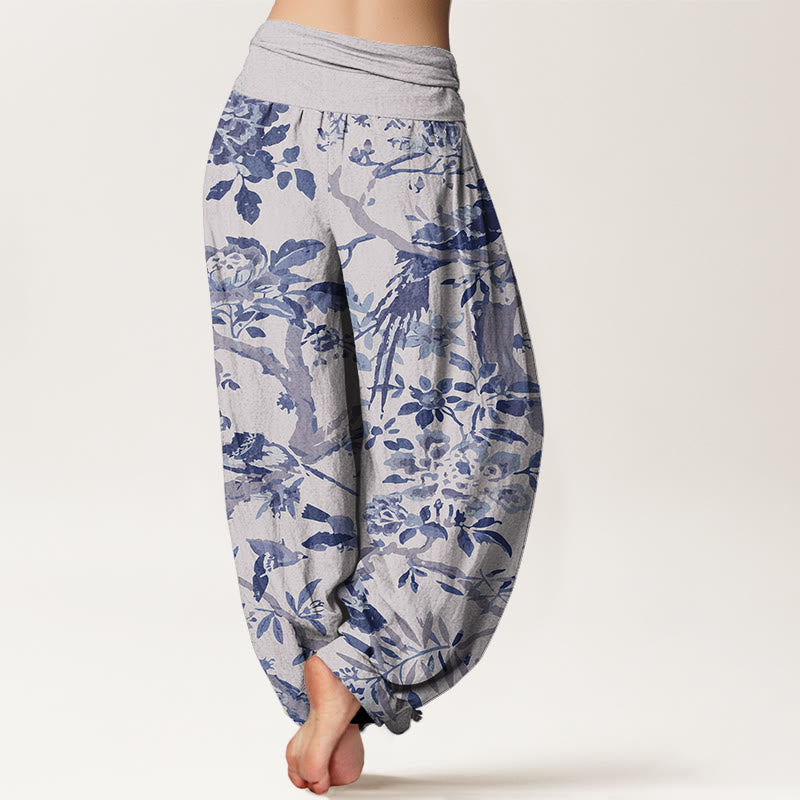 Buddha Stones Birds Branches Flowers Pattern Women's Elastic Waist Harem Pants - image 9