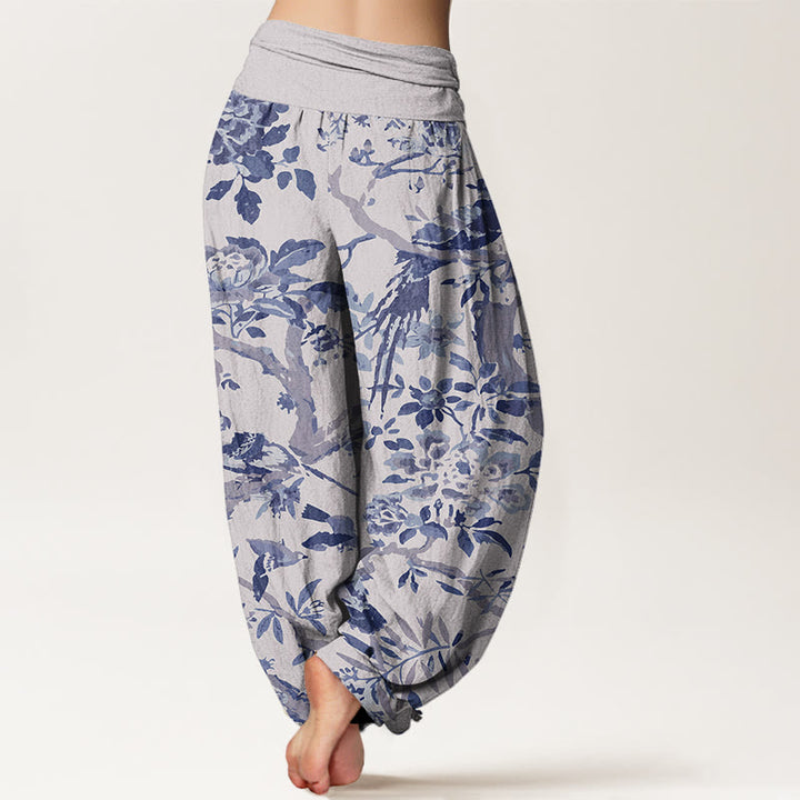 Buddha Stones Birds Branches Flowers Pattern Women's Elastic Waist Harem Pants - image 9