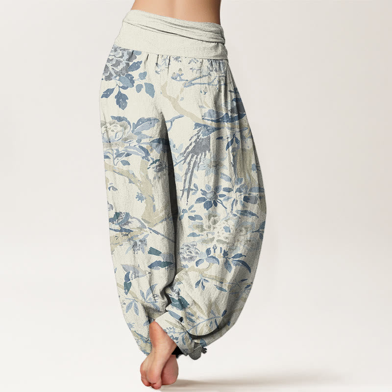 Buddha Stones Birds Branches Flowers Pattern Women's Elastic Waist Harem Pants - image 2