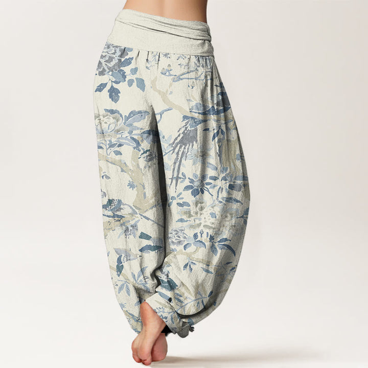 Buddha Stones Birds Branches Flowers Pattern Women's Elastic Waist Harem Pants - image 2