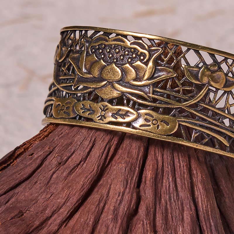 Buddha Stones Hollow Lotus Silver Plated Copper Healing Enlightenment Bracelet Bangle - image 10