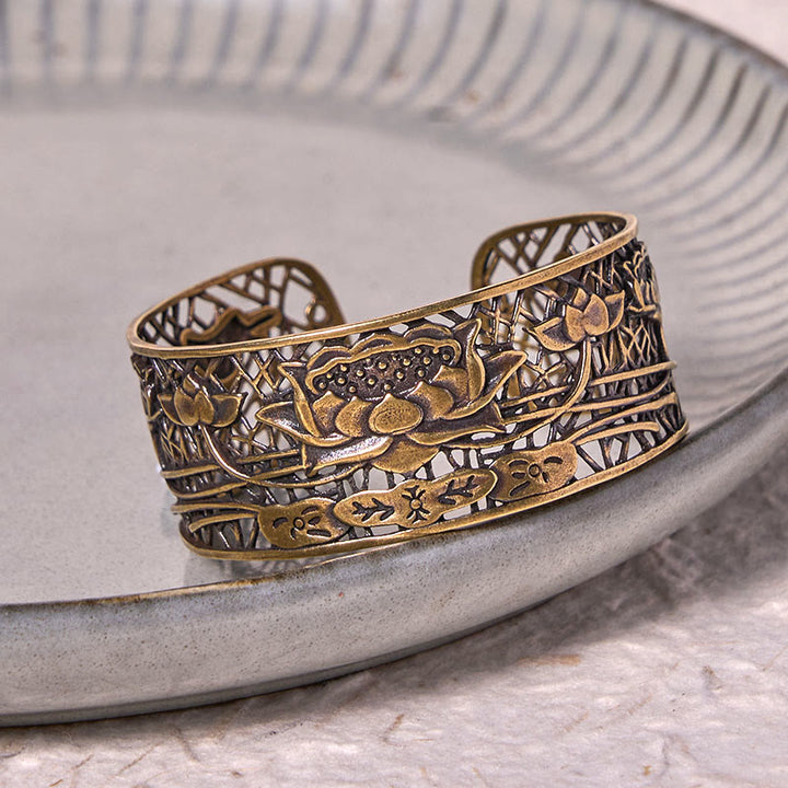 Buddha Stones Hollow Lotus Silver Plated Copper Healing Enlightenment Bracelet Bangle - image 9