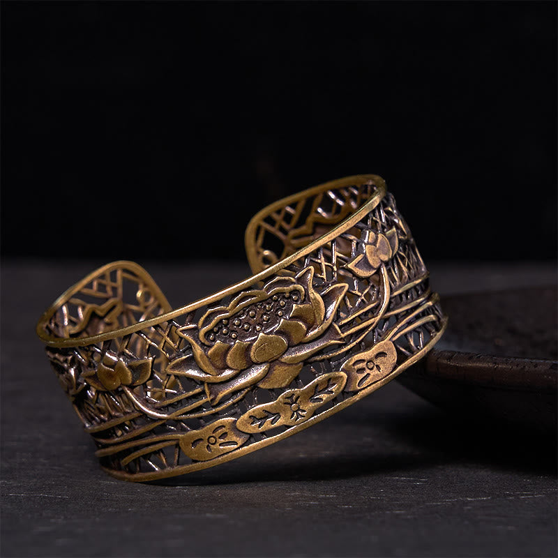 Buddha Stones Hollow Lotus Silver Plated Copper Healing Enlightenment Bracelet Bangle - Copper(Wrist Circumference: 14-17cm) - image 7