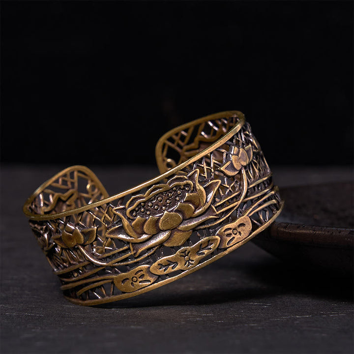 Buddha Stones Hollow Lotus Silver Plated Copper Healing Enlightenment Bracelet Bangle - Copper(Wrist Circumference: 14-17cm) - image 7