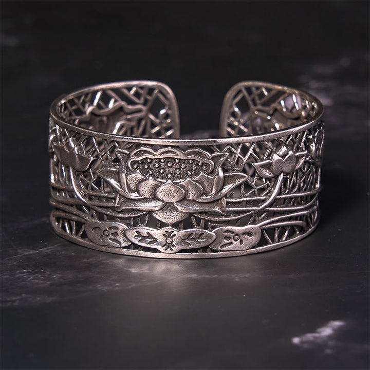 Buddha Stones Hollow Lotus Silver Plated Copper Healing Enlightenment Bracelet Bangle - image 2