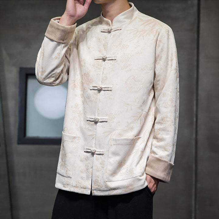 Buddha Stones Chinese New Year Clothes Flowers Bamboo Solid Color Cuff Frog-button Tang Suit Cotton Men's Jacket Shirt With Pockets - Beige - US/UK/AU46,EU56 (5XL) - image 43