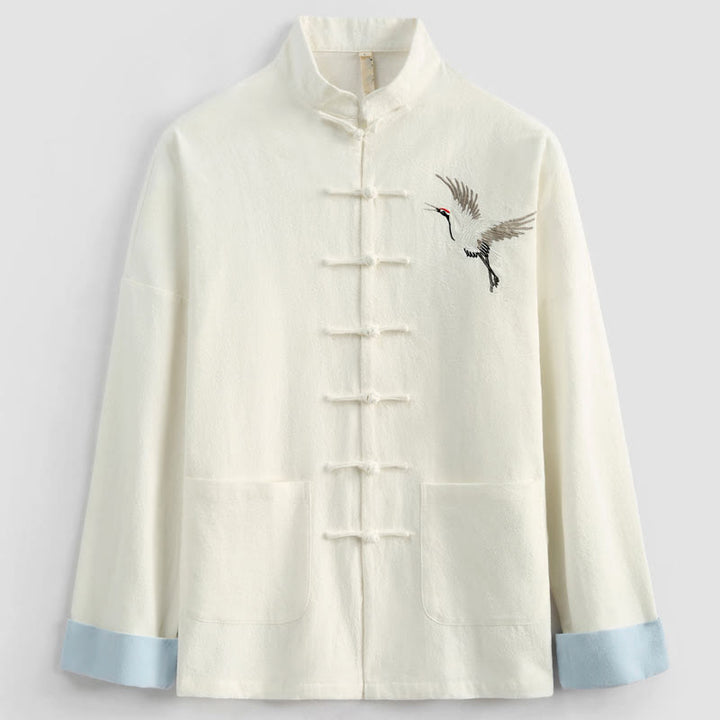 Buddha Stones Chinese New Year Crane Embroidery Tang Suit Hanfu Long Sleeve Top Pants Clothing  Cotton Linen Men's Set With Pockets