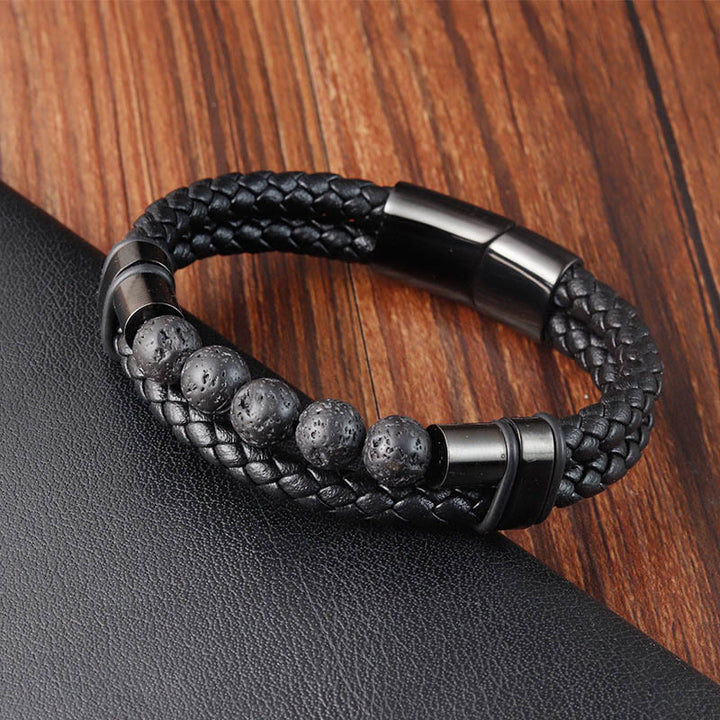 Buddha Stones Lava Rock Frosted Stone Healing Leather Magnetic Buckle Bracelet - Lava Rock(Wrist Circumference: 18-20cm) - image 1