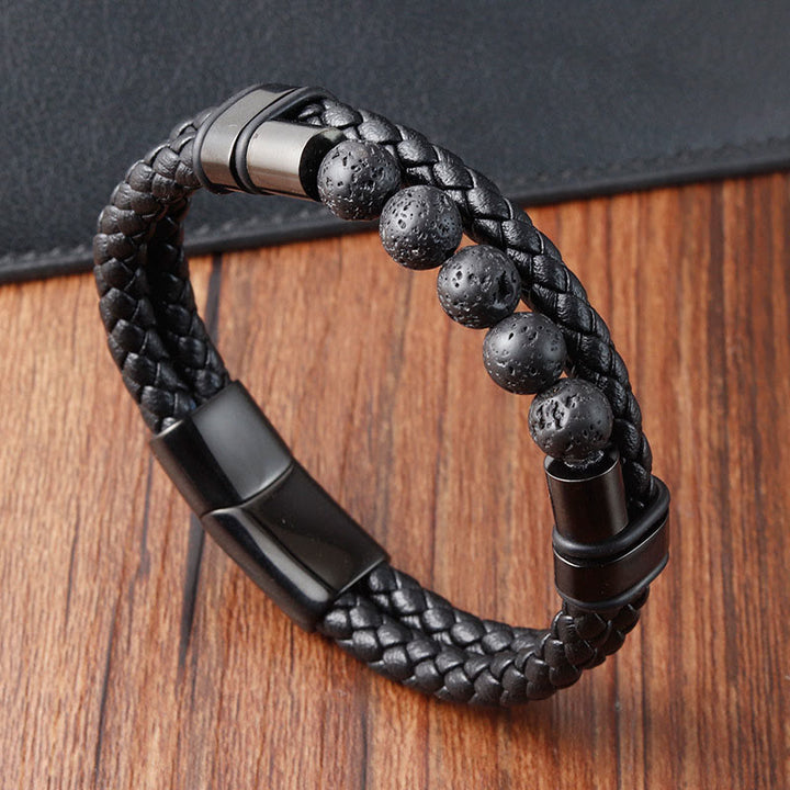 Buddha Stones Lava Rock Frosted Stone Healing Leather Magnetic Buckle Bracelet - image 3