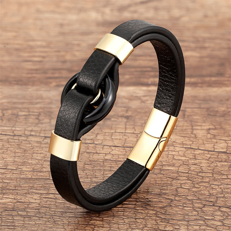 Buddha Stones Round Green Aventurine Black Onyx Hematite Agate Rose Quartz Stone Balance Leather Magnetic Buckle Bracelet - Black Onyx-Gold - 18-22cm - image 4