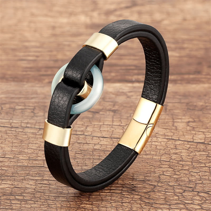 Buddha Stones Round Green Aventurine Black Onyx Hematite Agate Rose Quartz Stone Balance Leather Magnetic Buckle Bracelet - Agate-Gold - 18-22cm - image 8