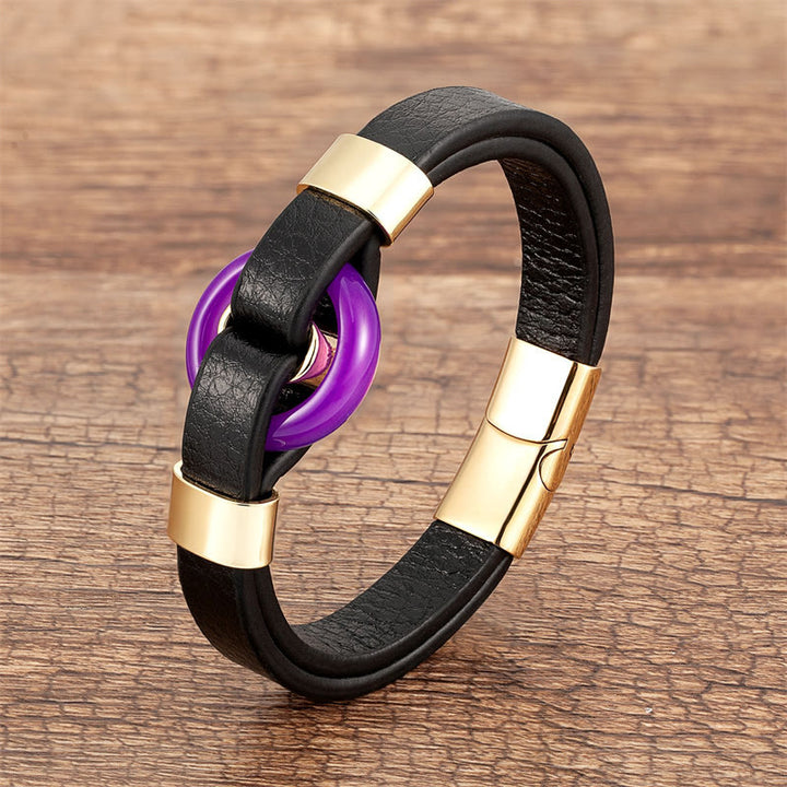 Buddha Stones Round Green Aventurine Black Onyx Hematite Agate Rose Quartz Stone Balance Leather Magnetic Buckle Bracelet - Purple Agate-Gold - 18-22cm - image 9