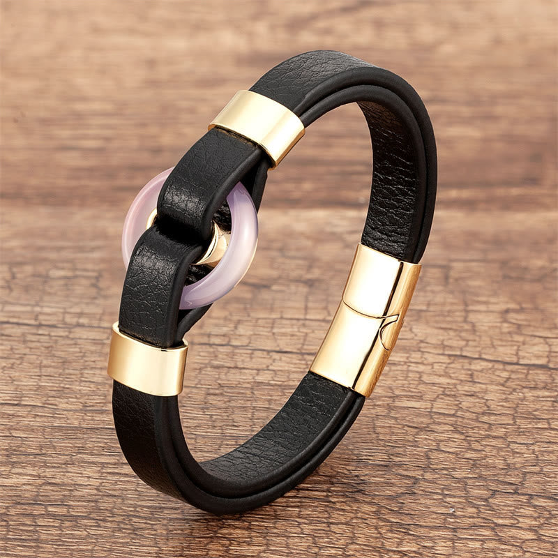 Buddha Stones Round Green Aventurine Black Onyx Hematite Agate Rose Quartz Stone Balance Leather Magnetic Buckle Bracelet - Rose Quartz-Gold - 18-22cm - image 11