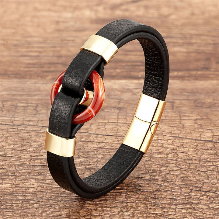 Buddha Stones Round Green Aventurine Black Onyx Hematite Agate Rose Quartz Stone Balance Leather Magnetic Buckle Bracelet - Red Agate-Gold - 18-22cm - image 15