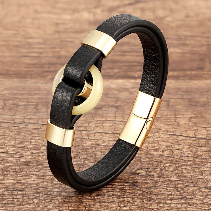 Buddha Stones Round Green Aventurine Black Onyx Hematite Agate Rose Quartz Stone Balance Leather Magnetic Buckle Bracelet - Topaz-Gold - 18-22cm - image 13