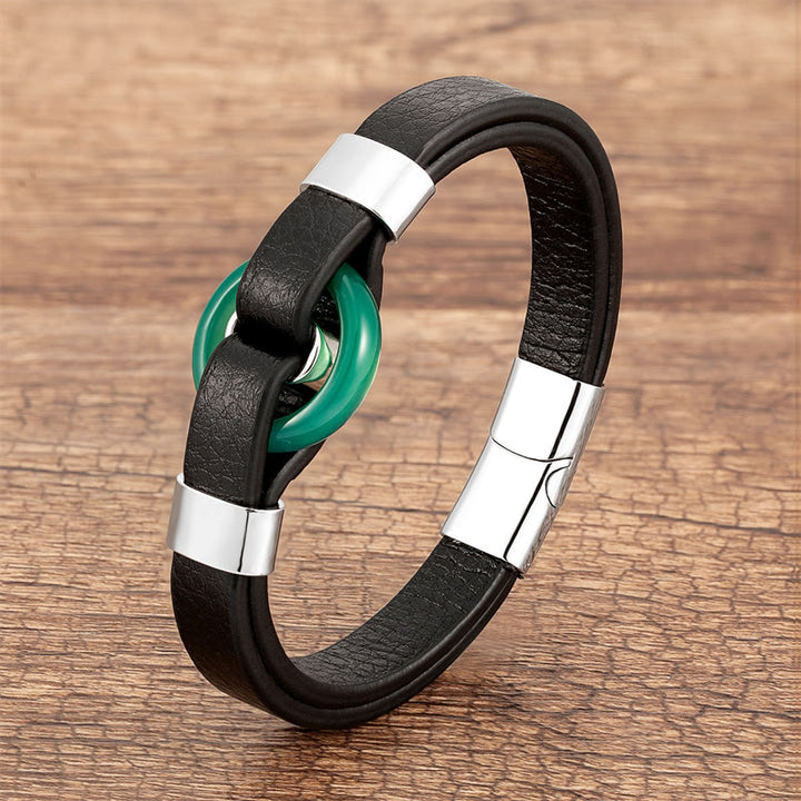 Buddha Stones Round Green Aventurine Black Onyx Hematite Agate Rose Quartz Stone Balance Leather Magnetic Buckle Bracelet - Green Aventurine-Silver - 18-22cm - image 18