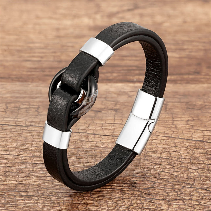 Buddha Stones Round Green Aventurine Black Onyx Hematite Agate Rose Quartz Stone Balance Leather Magnetic Buckle Bracelet - Agate-Silver - 18-22cm - image 21