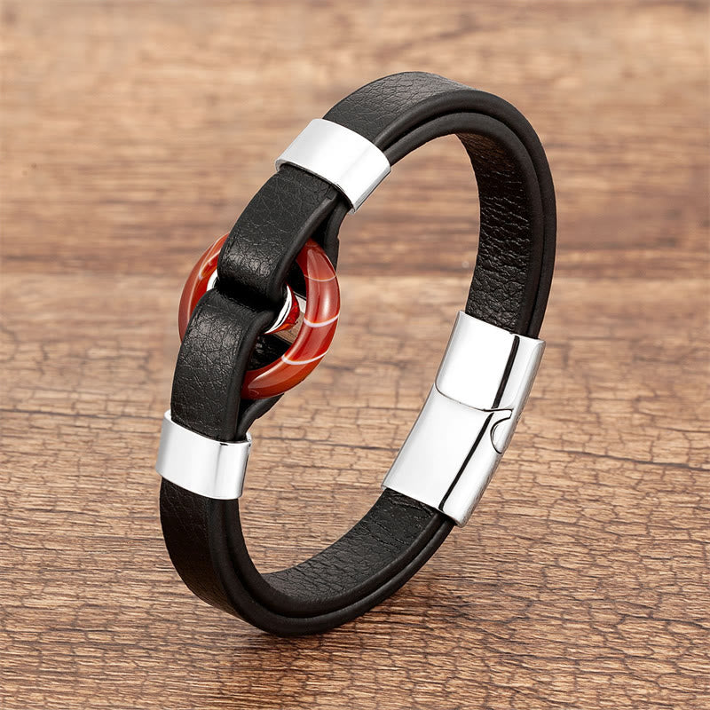 Buddha Stones Round Green Aventurine Black Onyx Hematite Agate Rose Quartz Stone Balance Leather Magnetic Buckle Bracelet - Red Agate-Silver - 18-22cm - image 23