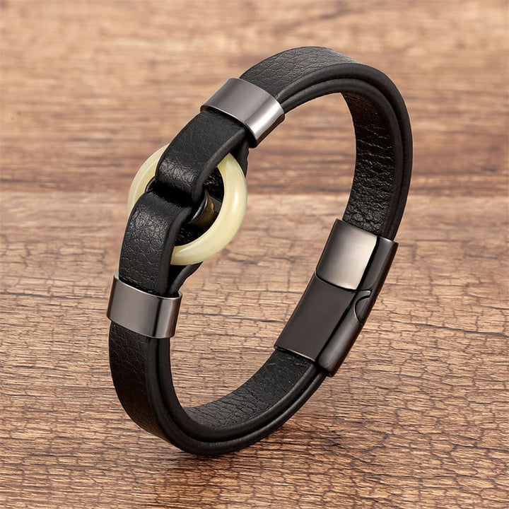 Buddha Stones Round Green Aventurine Black Onyx Hematite Agate Rose Quartz Stone Balance Leather Magnetic Buckle Bracelet - Topaz-Black - 18-22cm - image 25