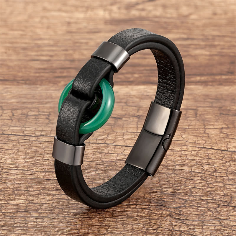 Buddha Stones Round Green Aventurine Black Onyx Hematite Agate Rose Quartz Stone Balance Leather Magnetic Buckle Bracelet - Green Aventurine-Black - 18-22cm - image 27